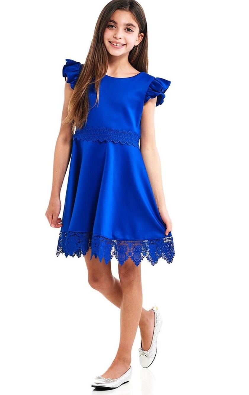Rare Editions Big Girl's Size 8 - Flutter Sleeve - Royal - Crochet Skater Dress